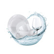 © Adi - Clean White Dishes and Wine Glass Splashed with Water