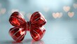 © MrHamster - Bright red decorative bow rests on a reflective surface with heart shaped lights in the background