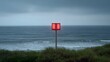 © Bussakon - A red warning light beacon stands on a grassy cliff overlooking the turbulent ocean under a cloudy sky