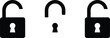 © PJ DeSign - Set of black unlocked padlock icons vector illustration for security access granted privacy settings and data decryption interface.