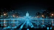 © AR - Futuristic digital visualization of the United States Capitol building at night with glowing blue data grid and circuit lines representing government technology and cybersecurity