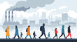 © rasel - Group of people in warm coats walking through a polluted city with factory smoke stacks and smog in the background.