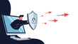 © rasel - Person emerging from computer screen holding protective shield with lock icon to block incoming cyber threats and digital attacks.