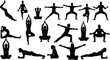 © Sagheer - Collection of diverse silhouette figures demonstrating various yoga poses and fitness stretching exercises for physical wellness and balance training routines