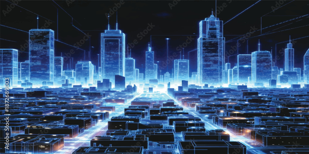 Abstract blue background with binary code and an urban city skyline ...