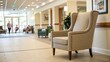 © ศาศวัต ธีรเศรษฐบดี - Cozy armchair in bright senior living facility hallway, elegant interior with soft lighting and welcoming decor, retirement home lounge for elderly care, assisted living, healthcare environment design