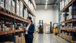 © SenpaiNoticeMe - Businesswoman reviewing checklist in front of organized warehouse shelves, concept of supply chain optimization, efficiency improvement and operational resilience, realistic industrial environment