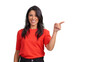 © Iván Moreno - Woman smiling and pointing right to copyspace on transparent background