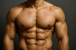 © diproduction - Muscular male torso with defined abs and chest muscles showcasing fitness concept on dark background in realistic photographic style. Ai generative
