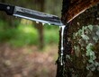 © Parkpoom - Tapping Natural Rubber: A close-up showcases the process of tapping a rubber tree, with latex gently flowing from the scored bark, emphasizing sustainability and resourcefulness.