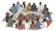© Zals Images - People gathered around a table filled with various dishes during a cultural feast viewed from above.