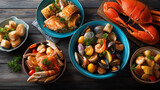 Rich seafood boil spread display, table overhead shot vibrant color, mixed seafood visualization, culinary feast concept, with copy space