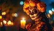 © Satria - Dia De Los Muertos Woman with Candle and Marigold Flowers.