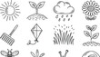 © Mst - Professional nature and garden icon set featuring a sun, sprouting plants, rain cloud, blooming flower, garden rake, kite, grass, honeybee, and rainbow in a clean black line-art style.