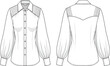 © MST. LAKI - Technical fashion sketch of women long sleeve blouse with pleated puff sleeves and western yoke front and back view isolated for apparel design