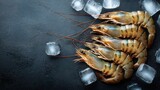 Fresh raw tiger prawns on dark surface with ice cubes.