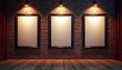 © miss irine - Three empty framed posters on brick wall under spotlights. Red curtains frame scene, wood floor reflects light. Use for cinema, gallery, or event announcements.