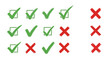© Mugi - A collection of green checkmarks and red crosses arranged in rows and columns on a white background.