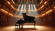 © miss irine - Grand piano stands center stage in classic concert hall. Spotlights shine down on stage, illuminating hall with rows of seating. Ornate architecture defines elegant performance space, music ready.