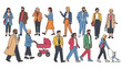 © Keyla - A diverse group of people of various ages and ethnicities walking in different directions, some using phones, one with a stroller, and another with a dog.
