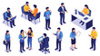 © Selena - Isometric illustration of diverse professionals collaborating and working in a modern office environment, showcasing teamwork and productivity.