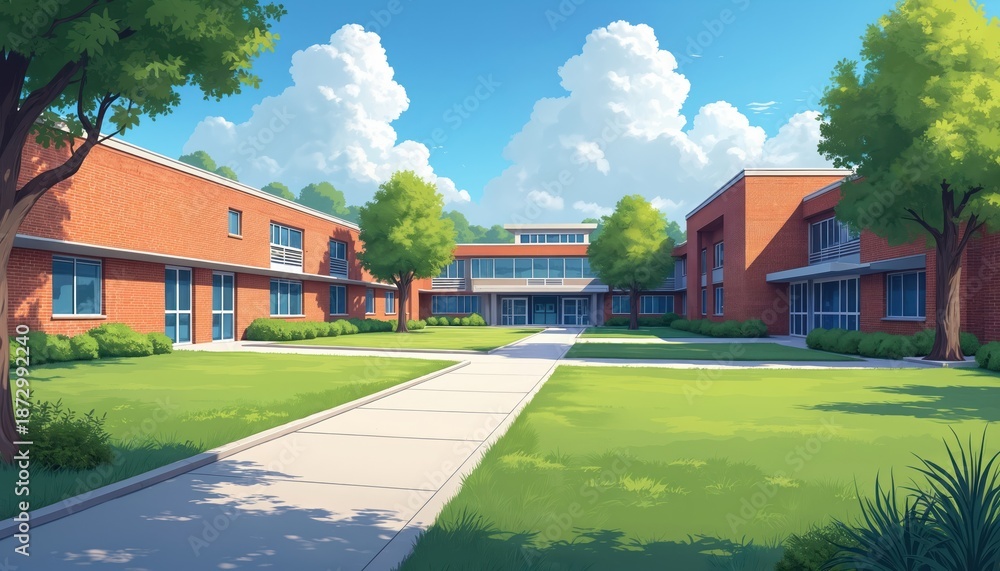 Illustration presents exterior of school building. The view shows a ...