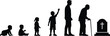 © Hey There - human life cycle silhouette, aging journey from birth to death, childhood adulthood old age concept, mortality timeline illustration