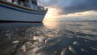 © Thares2020 - A boat floats near a large school of small fish swimming in calm ocean water at sunrise with dramatic clouds