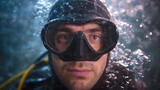 Close up portrait of a diver wearing a mask and hood surrounded by rising water bubbles