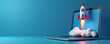 © Vadym - 3D illustration rocket ship launch from laptop screen tech startups. Innovation concept shows online business growth, success. Digital transformation, future development highlighted.