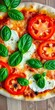 © Chalermrach - Vibrant overhead shot of a Margherita pizza, showcasing fresh basil and juicy tomatoes on a bed of mozzarella,  vibrant,  kitchen