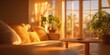 © Denis Tuev - Cozy living room with warm sunlight streaming through large windows, illuminating a comfortable sofa adorned with textured cushions and a wooden coffee table with a cup