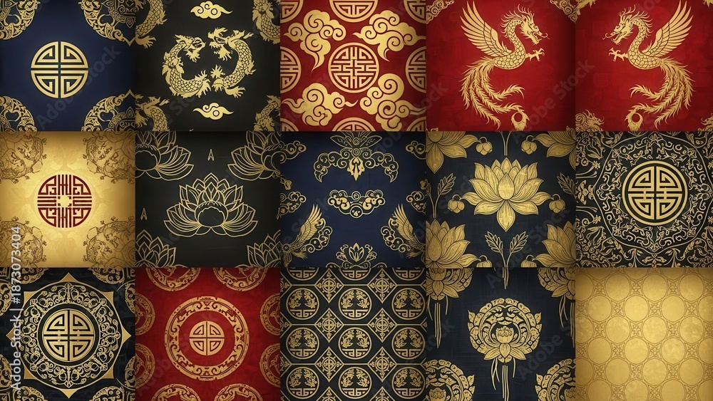 Traditional Chinese decorative patterns featuring dragons, lotus ...