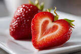 Połówka truskawki w kształcie serca na białym talerzu, symbol słodkiej miłości.