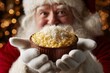 © Julia - Man with long white beard, fur hat, red jacket, surprised expression, holding bowl of Risotto Milanese. Concept of cozy festive atmosphere, saffron rice sauce, warm lights.