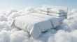 © tonstock - White bed with plush duvet and four plump pillows floating on soft clouds evoking dreamy serenity and peaceful relaxation for restful escape