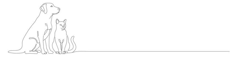  A continuous line drawing of a cat and dog sitting together. A decorative line art logo for a pet store or veterinary clinic. Editable vector illustration.