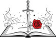 © Creative_think - Fantasy book illustration, sword and rose, magical energy, mystical scene, black and white vector, flat design, enchanted symbolism