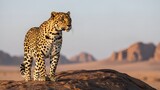 A majestic leopard stands alert on a rocky outcrop in a dry, arid landscape.