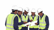 © Ayase - Five diverse construction workers in hard hats and safety vests reviewing blueprints, discussing plans on a job site.