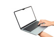 © Somphop - A person's hands holding and using a modern, thin silver laptop with a blank white screen (mockup). Isolated on a white background, emphasizing technology, online work, digital communication, and port