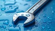 © Vita - Close-up of a shiny, metallic wrench placed on a wet, vibrant blue surface, highlighting water droplets