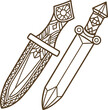 © smth.design - intricately decorated medieval sword and dagger line art with detailed geometric and floral patterns
