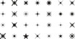 © MdElyeas - Set of 28 black sparkle and twinkle star icons. Features various star shapes and light bursts. Perfect for minimalist logos, web icons, and creative graphic design elements. Black Sparkle and Twinkle