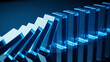 © MDFARUQ - Line of clear glass blocks falling like dominoes, illuminated by blue light on a dark reflective surface, symbolizing chain reaction or collapse
