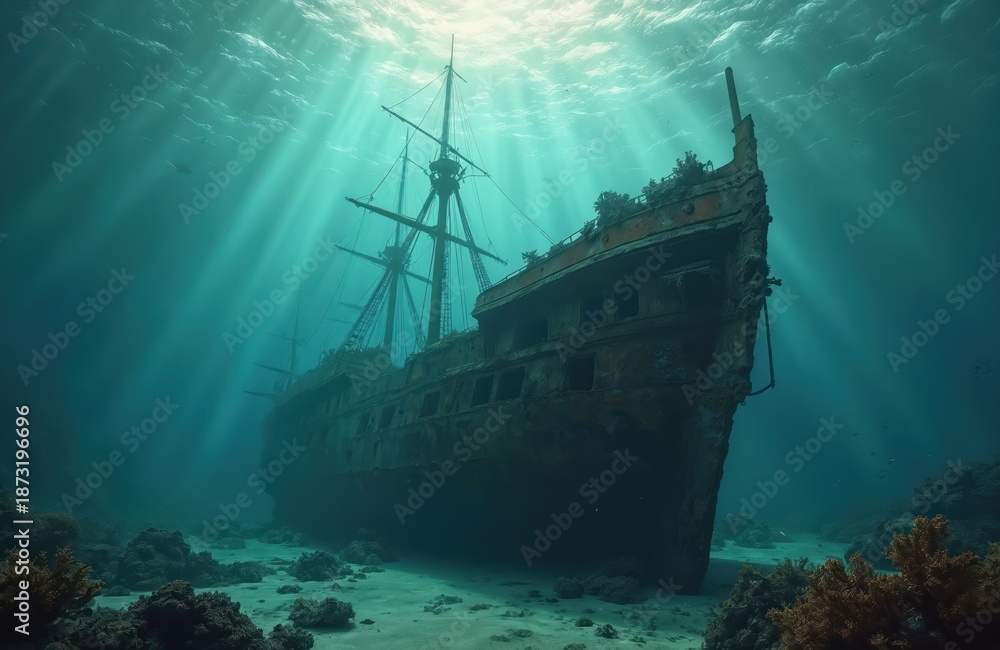 Sunken ship lies on ocean floor. Old wreck rests beneath blue sea ...