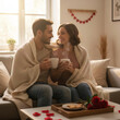 © alicobanoglu - “Cozy Valentine’s Day lifestyle scene of a couple at home holding coffee mugs, warm window light, soft blankets, relaxed romantic mood, modern stock photography.”