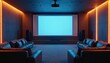 © Viktor - Cinema room interior view with projector, blank screen. Modern home theatre with leather seats, speakers. Nobody inside. Concept of entertainment. Luxury home for movie watching in comfortable