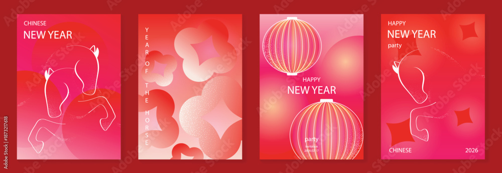 Chinese New Year 2026 horse vector greeting card illustration with red lanterns golden ribbons and floral gradient background. Festive lunar new year design for invitation poster banner decoration.