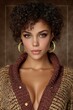 © Bonya Sharp Claw - Stylish woman with curly hair and hoop earrings poses in chunky knitwear against a warm brown backdrop, perfect for beauty, fashion, or lifestyle branding concepts.
